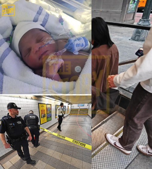 Newborn baby girl wrapped in blanket on subway station staircase at 34th Street–Penn Station