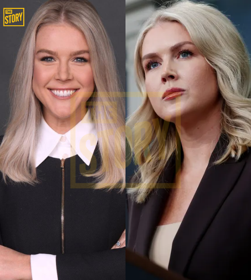 Karoline Leavitt at the White House podium in a tense press-room moment