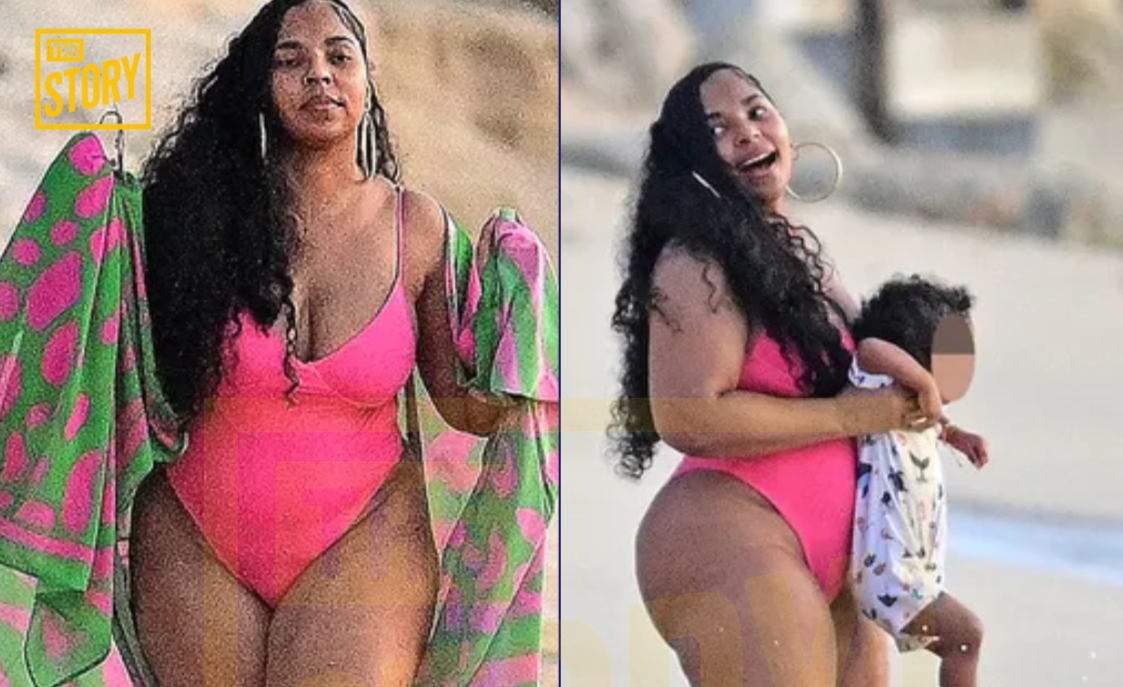 Ashanti at the beach with her son