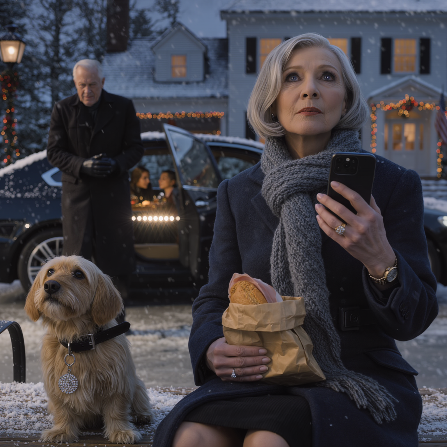 On Christmas Night I Sat Out in the Cold While My Family Ate Dinner Inside — I Broke My Only Sandwich in Half for a Shivering Dog, Then Noticed a Diamond on Its Collar and Everything Changed